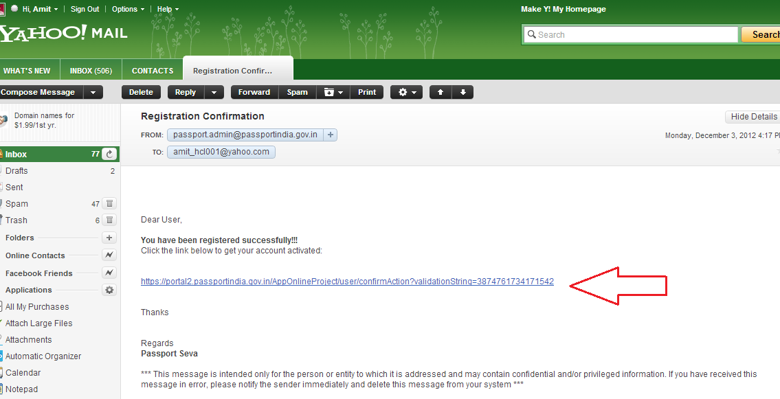 passport register activate link in mail