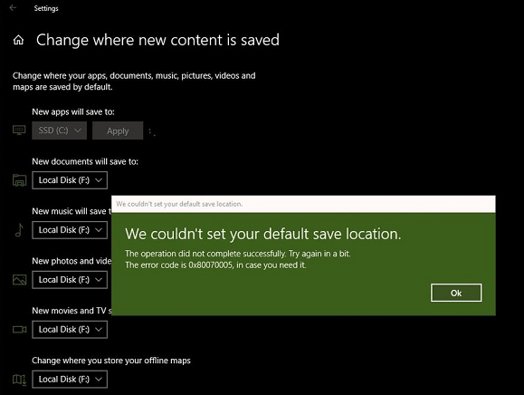 0x80070005 We couldn't Set your Default Save Location Windows 10 Pic 1