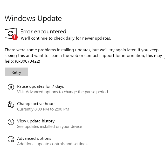 0x80070422 'There were some problems installing Updates' in Windows 10