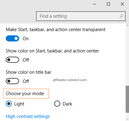 Choose your mode option in Colors Personalization settings