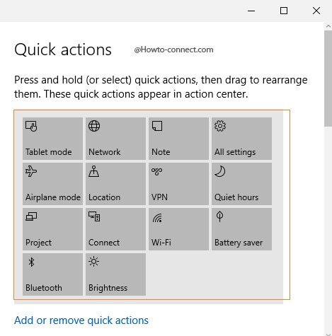 Quick actions Windows 10 Settings