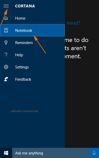 Cortana Hamburger menu Notebook