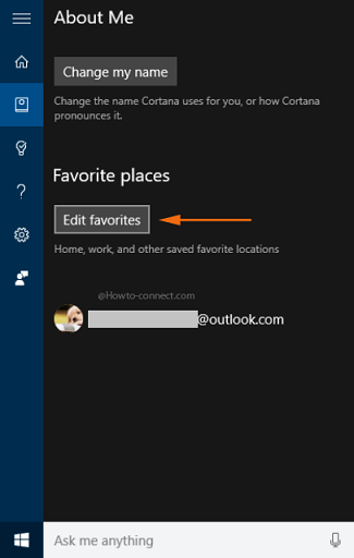 About Me Edit favorites button Windows 10 Cortana