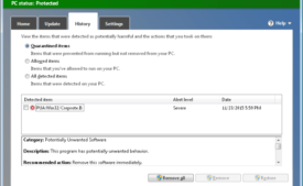Windows Defender showing the detected PUA