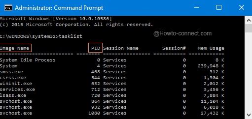 Image Name PID numbers tasklist