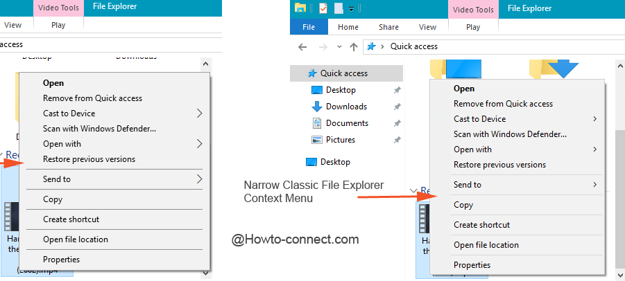 Two different context menus of File Explorer