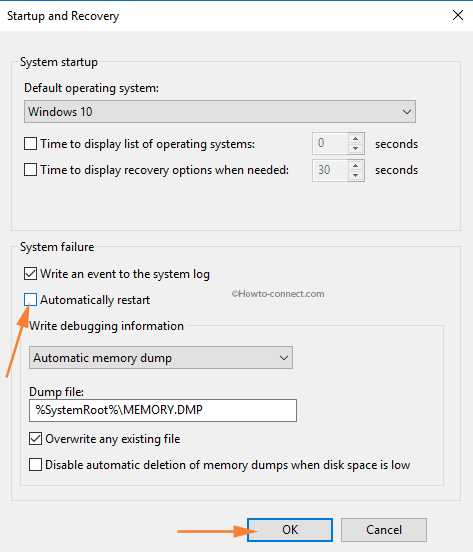 Disable Automatic Restart When System Failure in Windows 10