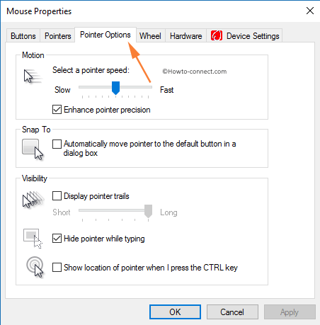 Pointer Options tab Mouse Properties box