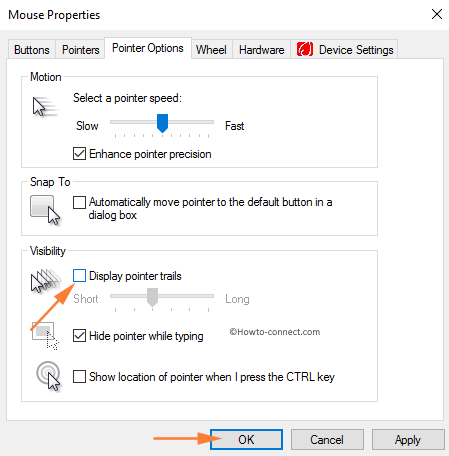 How to Turn On and Off Mouse Pointer Trail in Windows 10 by Unchecking Display pointer trails Mouse Properties