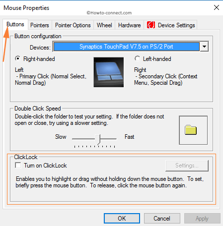 Mouse Properties Buttons tab ClickLock section