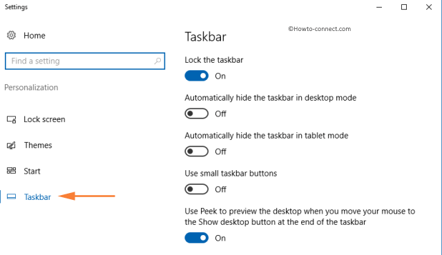 Windows 10 Taskbar Settings Personalization category