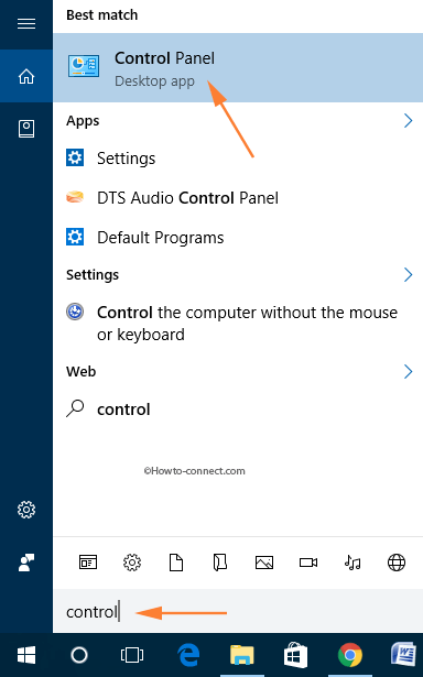 control panel in search result of start menu on windows 10