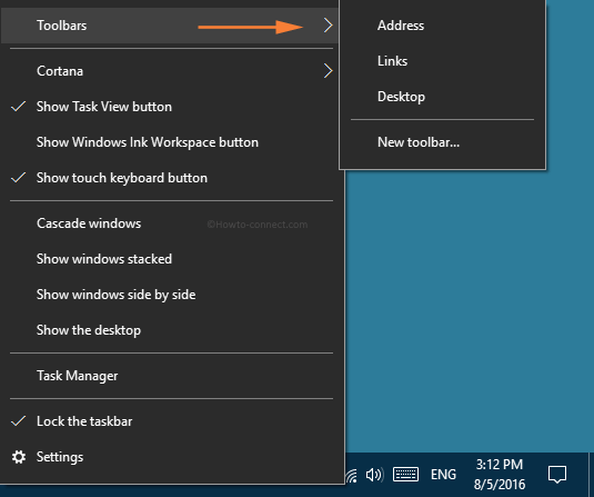 Toolbars option from the taskbar