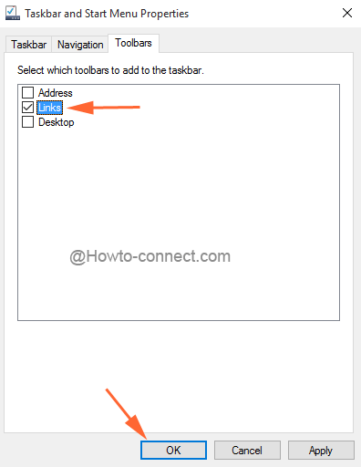 Links Checkbox Under Toolbars tab