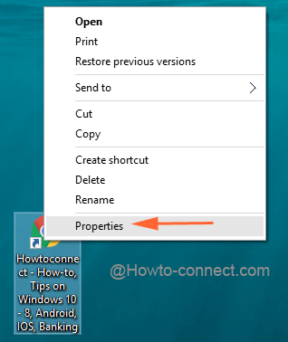 Properties option of web page desktop shortcut