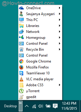 Desktop Toolbar arrow displays all items