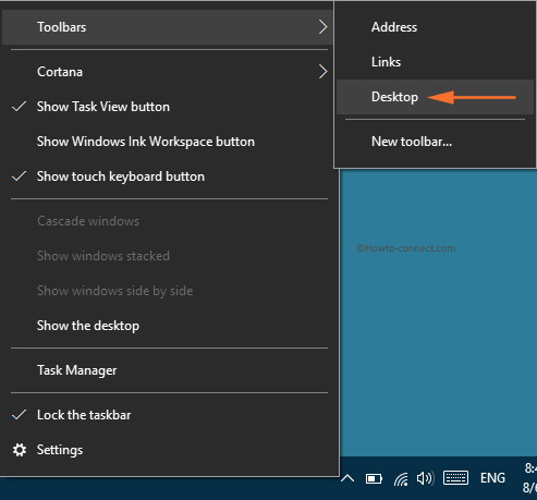 Toolbars Desktop option