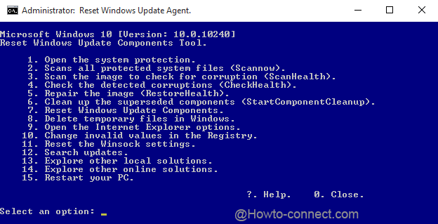 The 15 different operations listed by the tool to Reset Windows Update to Default
