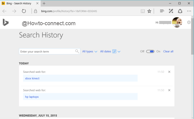 Search History of the Bing browser