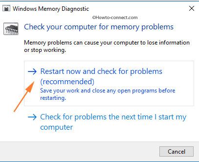 Restart now option Windows Memory Diagnostic Tool