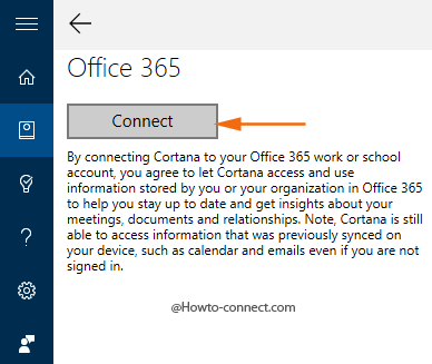 Office 365 Connect button Windows 10 Cortana
