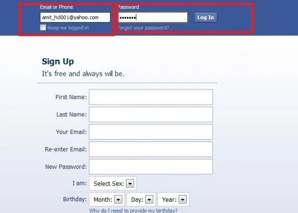 Facebook login page