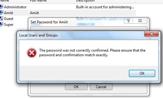  Error message in creating Password