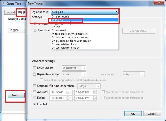 Trigger tab in Create Task Trigger tab in Create Task