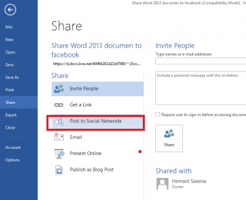 Ms Word 2013 post to social networks option