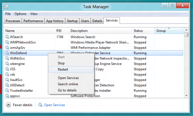 services tab - windows 8 task manager