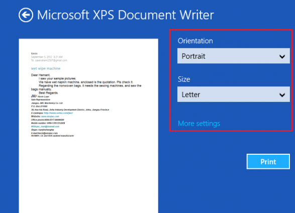 Print email from Windows 8 Mail App