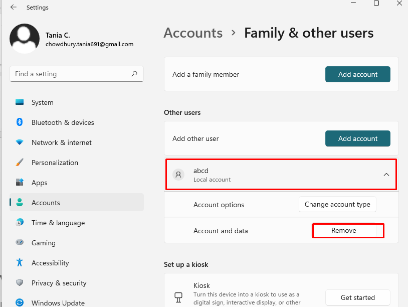 Remove account and data