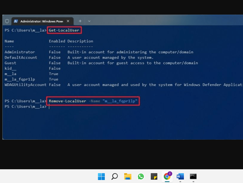 powershell command to remove user account