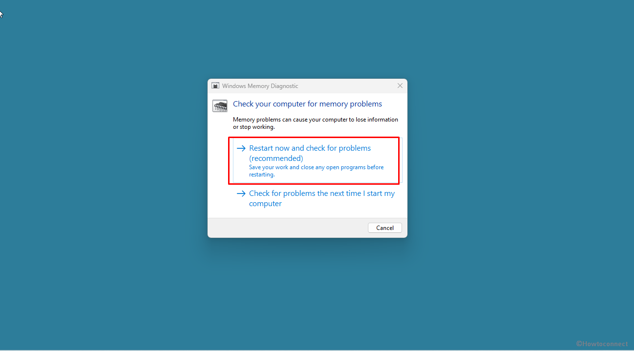 Restart now and check for problems (recommended) Windows Memory Diagnostics
