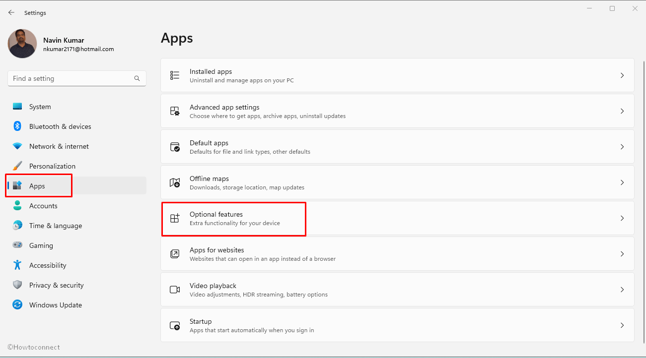 apps optional features settings window