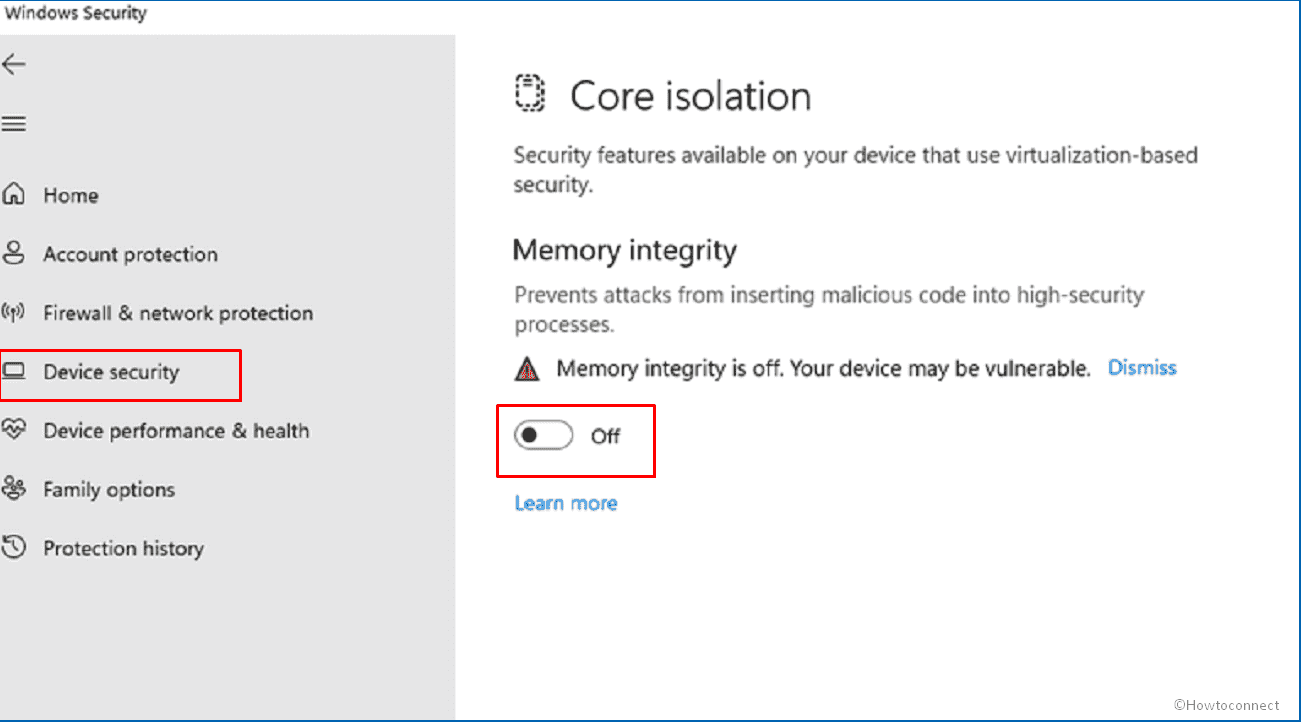 memory integrity disable in core isolation