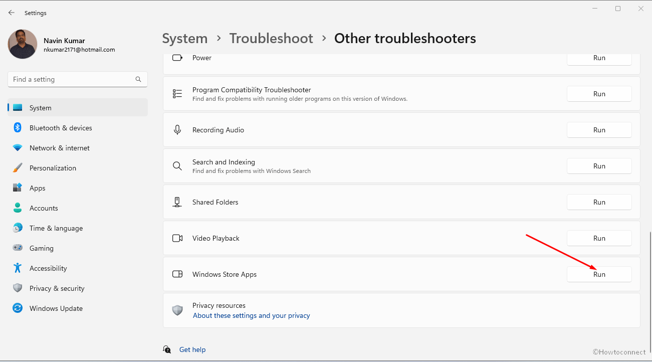 windows store apps troubleshooter in the settings