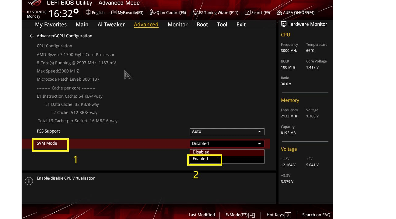 enable virtualization(SVM) via  BIOS for AMD motherboards