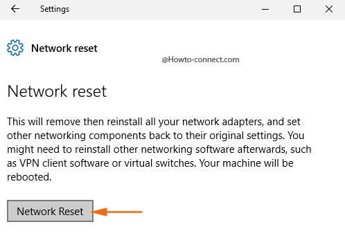 Network Reset button Windows 10 Settings app