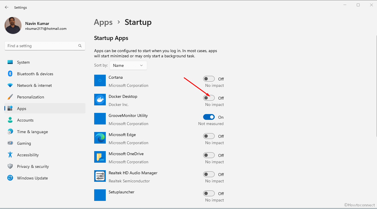 settings apps startup toggle switch disable