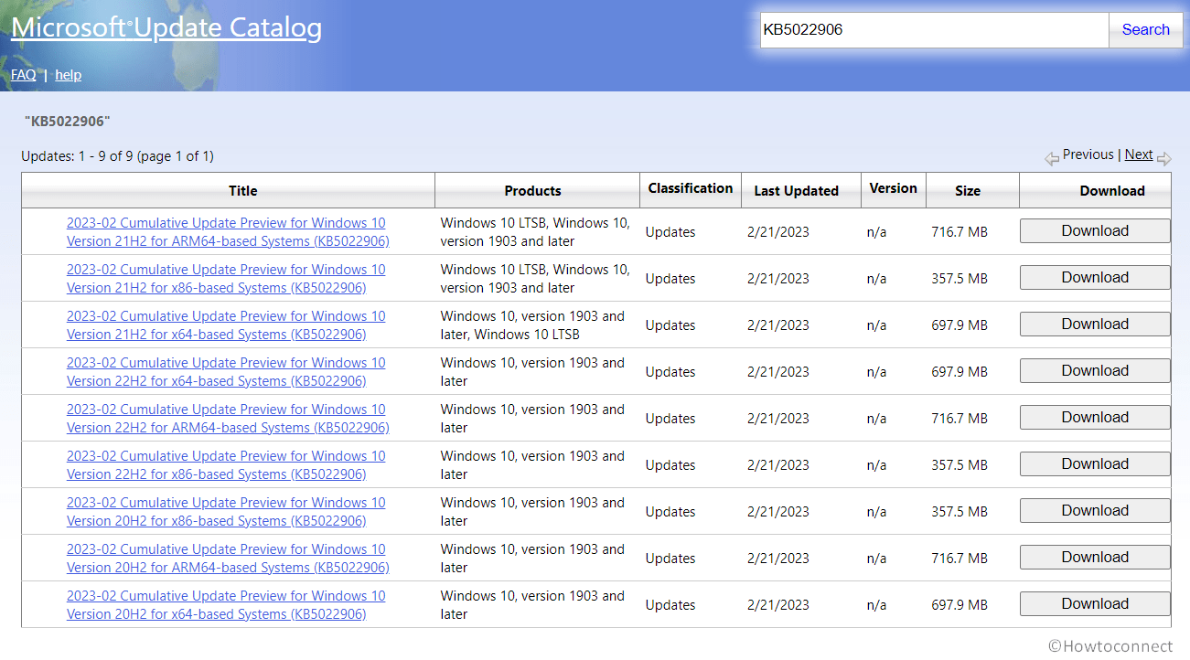 Microsoft update catalog showing the list of preview cumulative update for Windows 10 february 21 2023