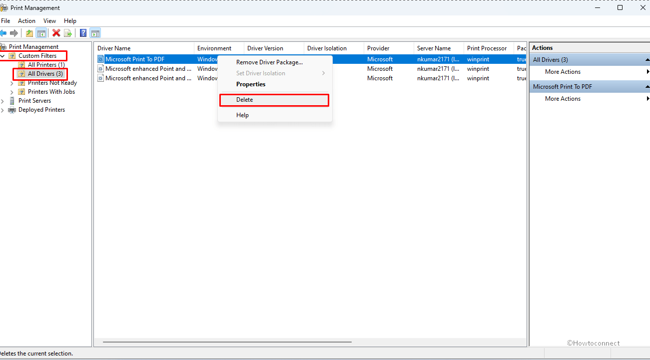 Print Management custom filter all drivers delete