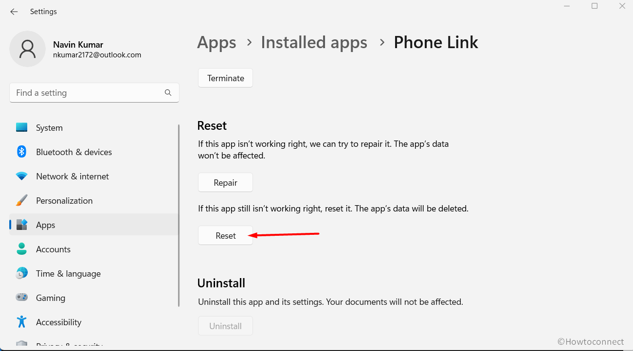 Reset Phone Link App through Settings app