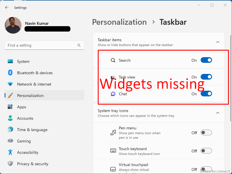 Widgets Show or hide option Missing from Taskbar Settings