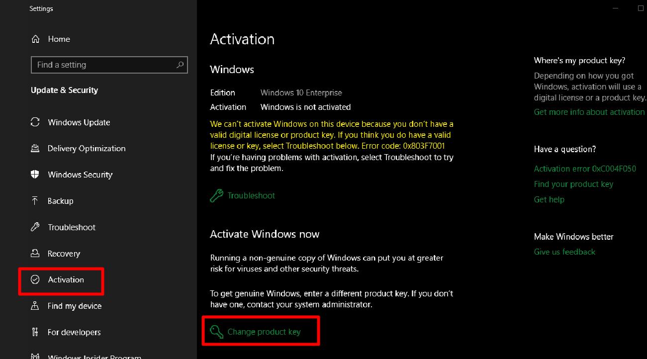 how to fix Activation Error Code 0x803f7001 in Windows 11 or 10
