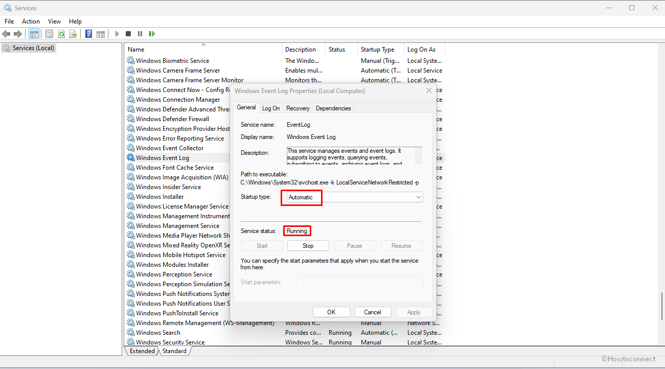 windows event logs properties automatic runinng