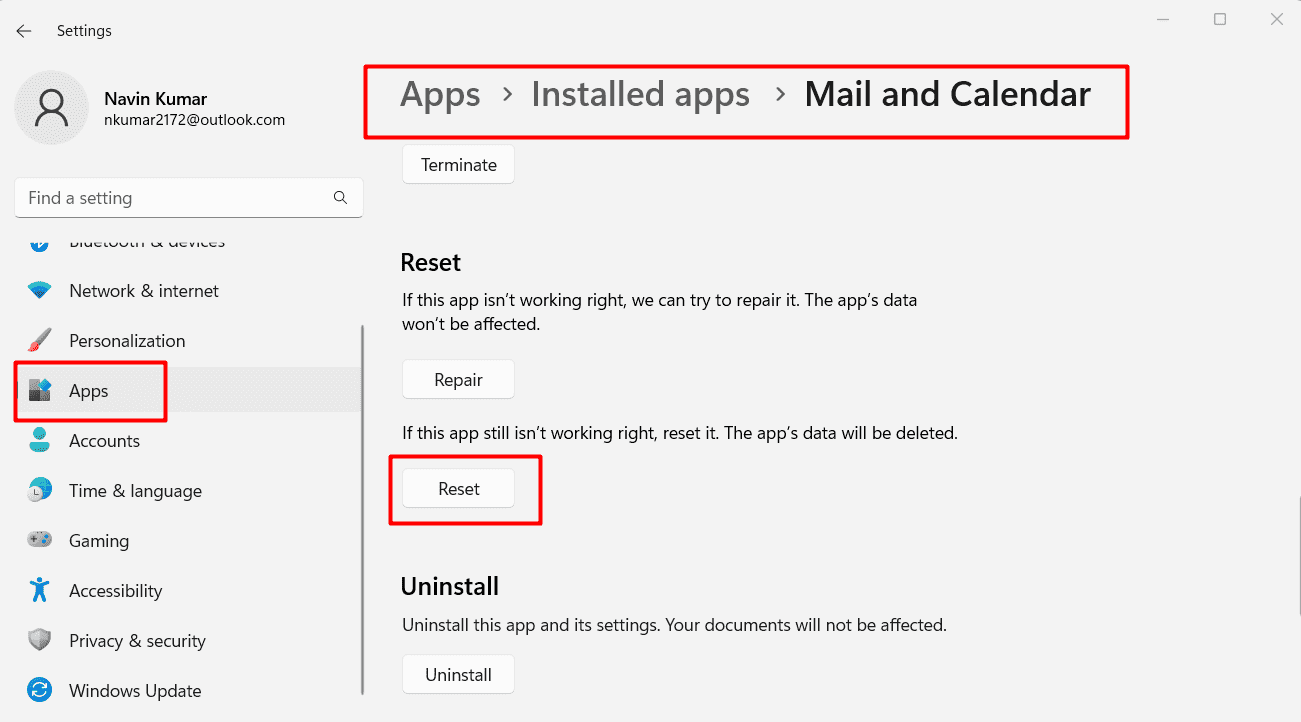 Settings apps mail and calendar reset