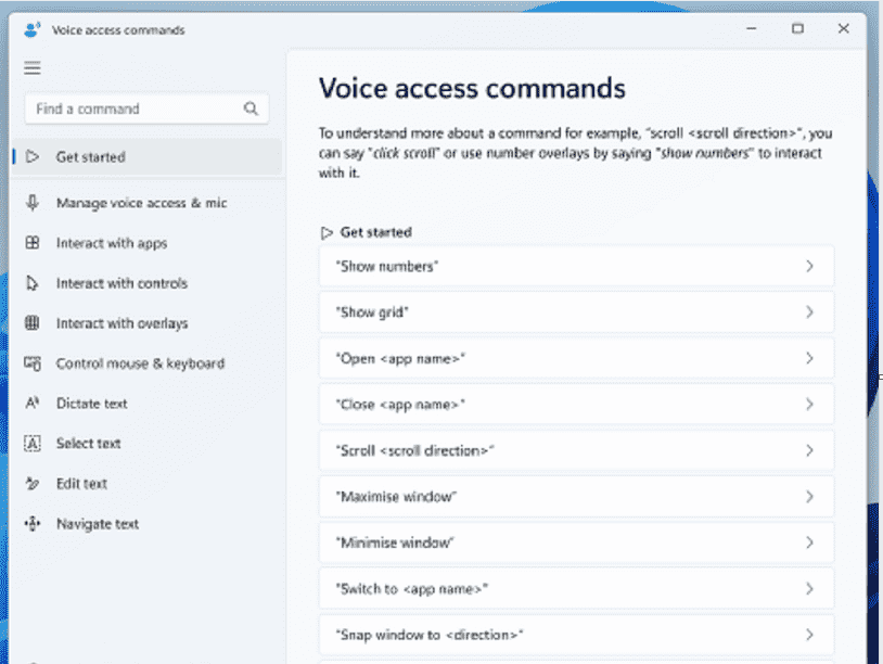 Windows 11 Insider Preview Build 22624.1465 and 22621.1465 voice access commands