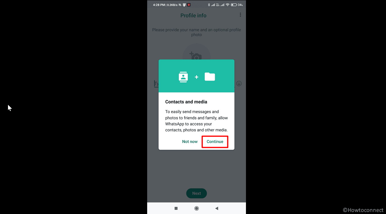 contacts and media permission continue button