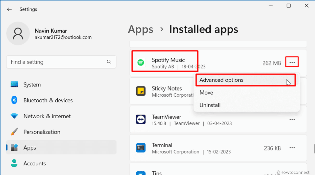 Advanced options Spotify music Installed apps